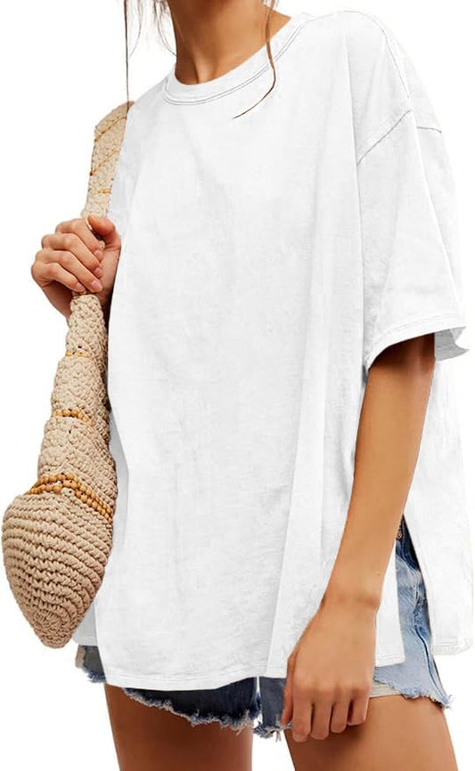 UNCLECAT Womens Oversized T Shirts Summer Trendy Short Sleeve Crew Neck Tops Loose Fit Side Slit Tee White