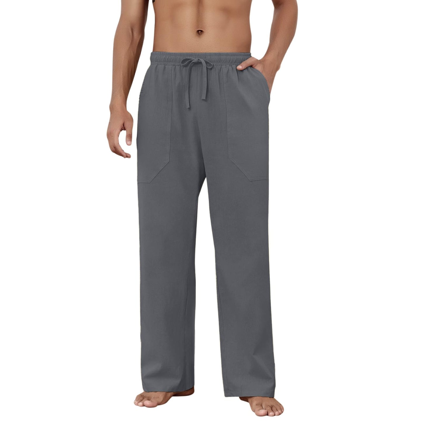 Puimentiua Cotton Linen Pants Men Casual Loose Fit Elastic Drawstring Waist Summer Beach Pants(Dark Gray,L)