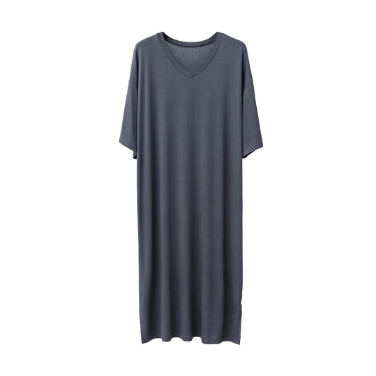 ASHER FASHION Mens Nightshirt Cotton Modal Nightgown V Neck Short Sleeve PJ Soft Long Sleepwear Loose Pajamas Sleep Shirt Deep Gray