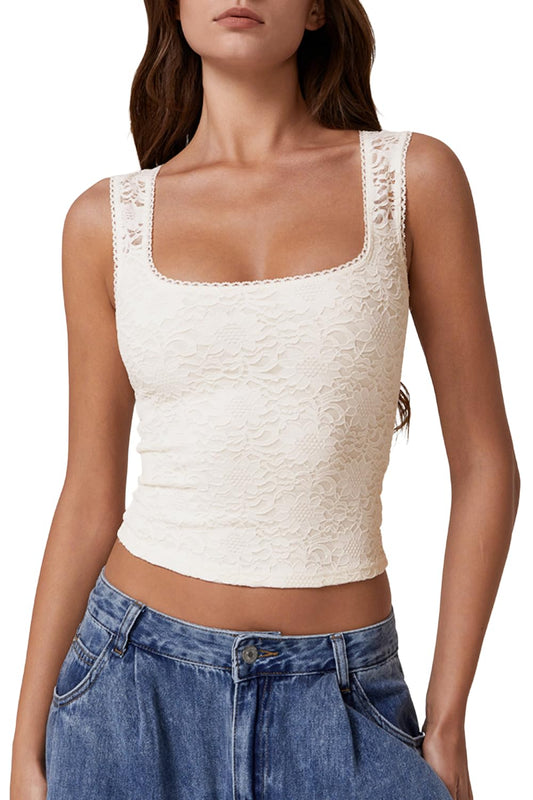 QINSEN Summer Sleeveless Lace Top for Women Tight Square Neck Soft Stretch Tank Top Off-White S