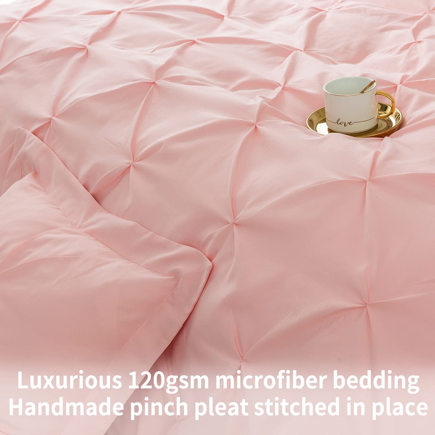 3 Pieces Bedding Duvet Cover Set, Pinch Pleated Twin Duvet Cover, Pintuck Comforter Quilt Cover with 2 Pillow Shams-Twin-68 X 90 inches-Pink