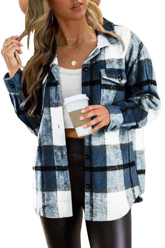 AUTOMET Womens Fall Outfits Fashion Clothes Shackets Flannel Plaid Button Down Long Sleeve Shirts Jackets 2024 Blue L