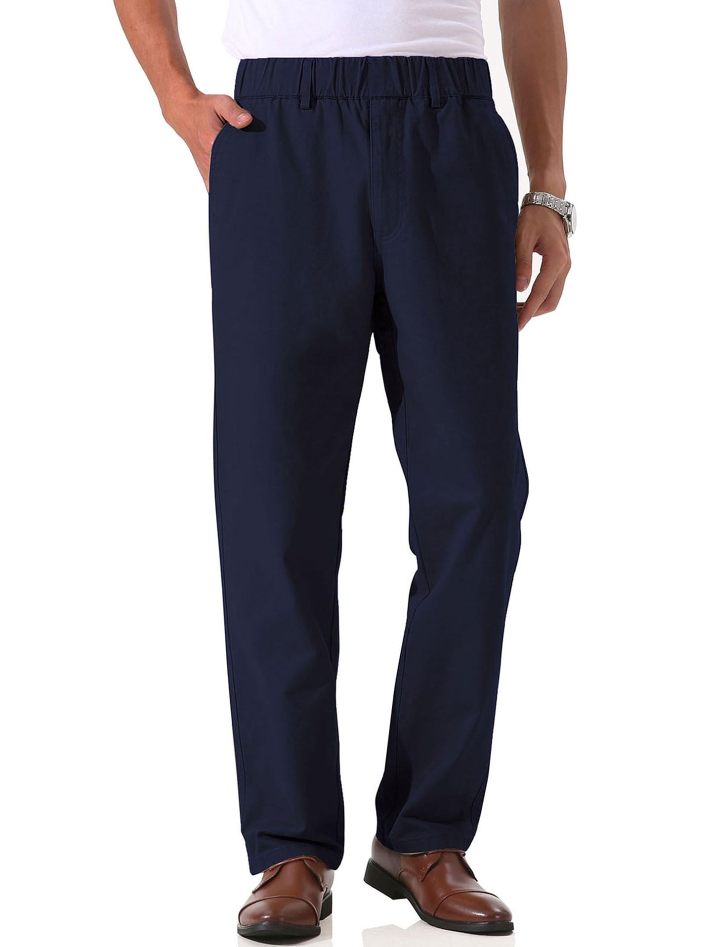 Soojun Men's Cotton Relaxed Fit Full Elastic Waist Twill Pants, Navy, 38W x 30L