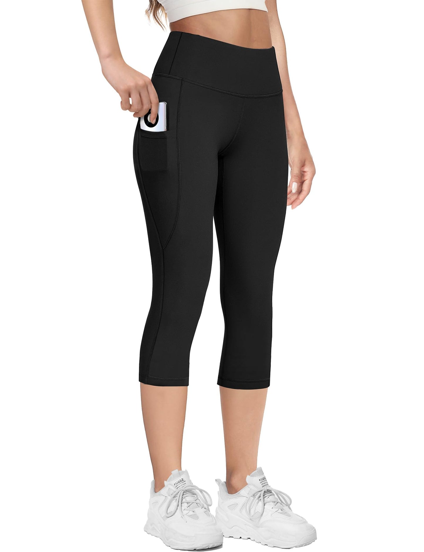 Buauty High Waisted Capri Leggings for Women with Pockets Yoga Pants Tummy Control Workout Gym Compression Non See Through Essential Stretch Spandex Athletic Leggings for Exercise Running Cycling