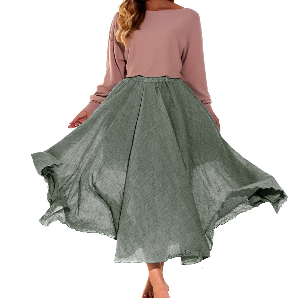 ASHER FASHION Women's Bohemian Style Elastic Waist Band Cotton Linen Long Maxi Skirt Dress (95CM, Light Green)