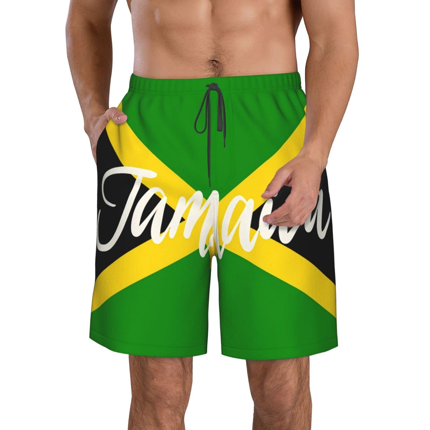 KAMQUERENCE Jamaica White Men's Swim Trunks Men's Swimsuit Quick Dry Board Shorts with Mesh Lining Beach Shorts Medium