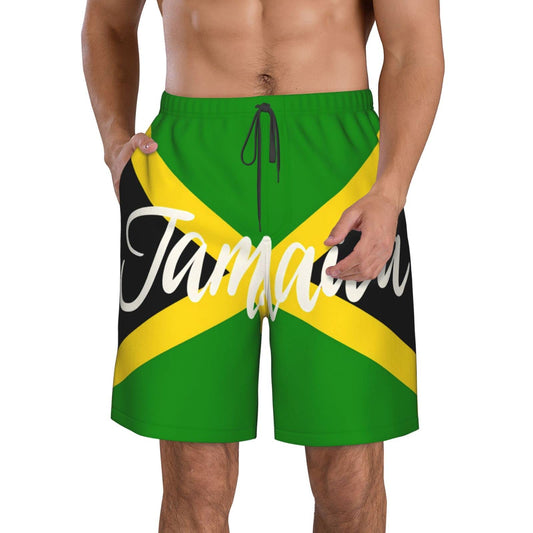 KAMQUERENCE Jamaica White Men's Swim Trunks Men's Swimsuit Quick Dry Board Shorts with Mesh Lining Beach Shorts Medium