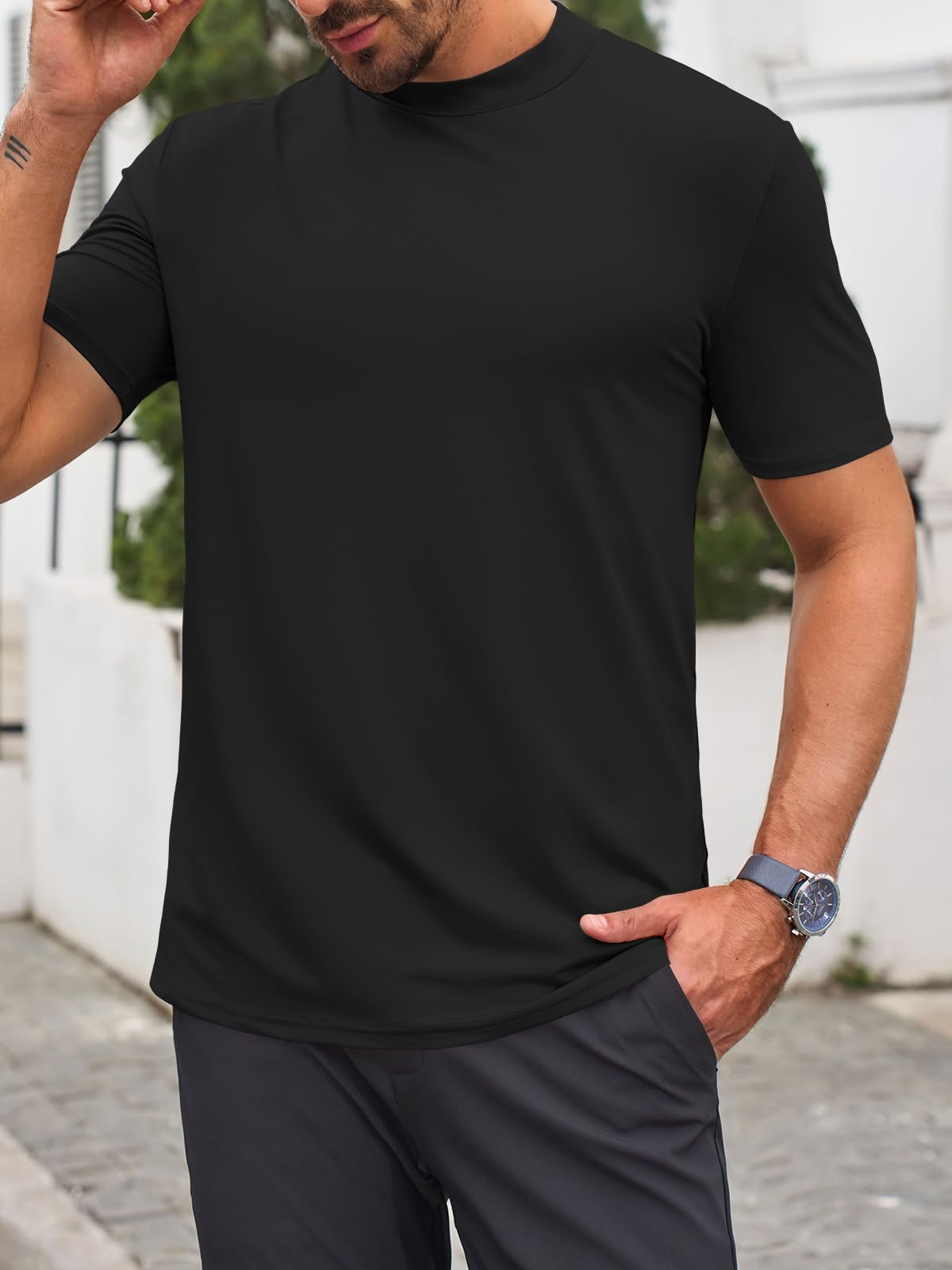 Makkrom Mens Mock Turtleneck T-Shirts Summer Short Sleeve Basic Tees Casual Solid Pullover Tops Black