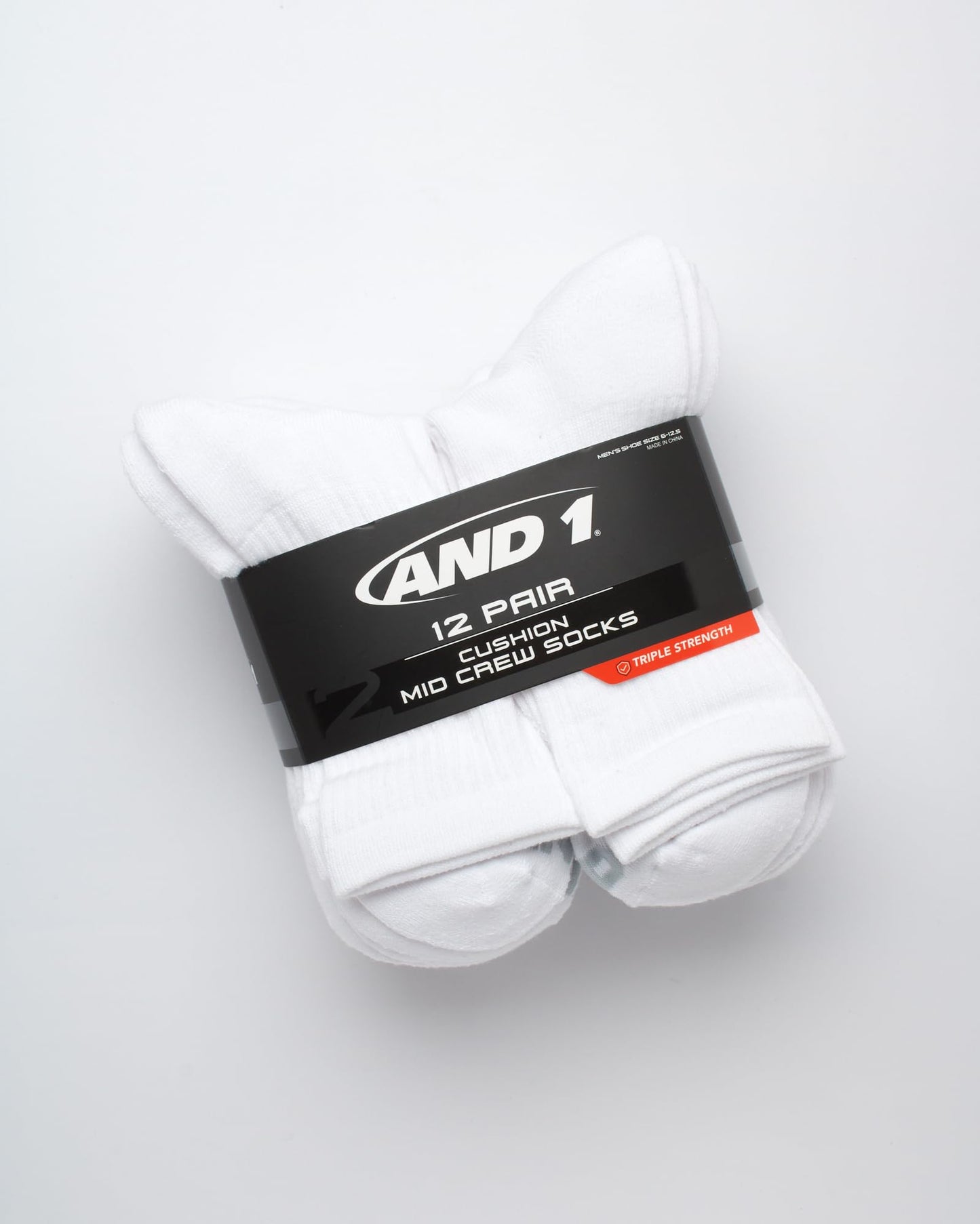 AND1 Men's Mid Crew Socks - 12 Pack Moisture Control Performance Cushioned Short Athletic Socks for Men (Shoe Size: 6-12.5), Size 6-12.5, White