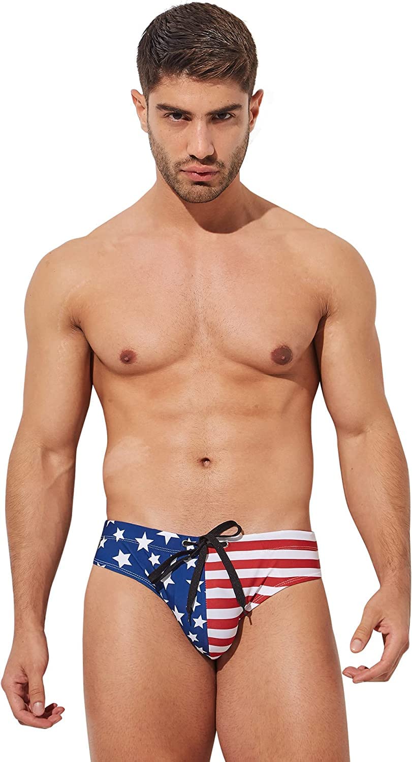PINKY SENSON Men's American Flag Patriotic swimwear Fourth of July Stars & Stripes Swim Briefs L