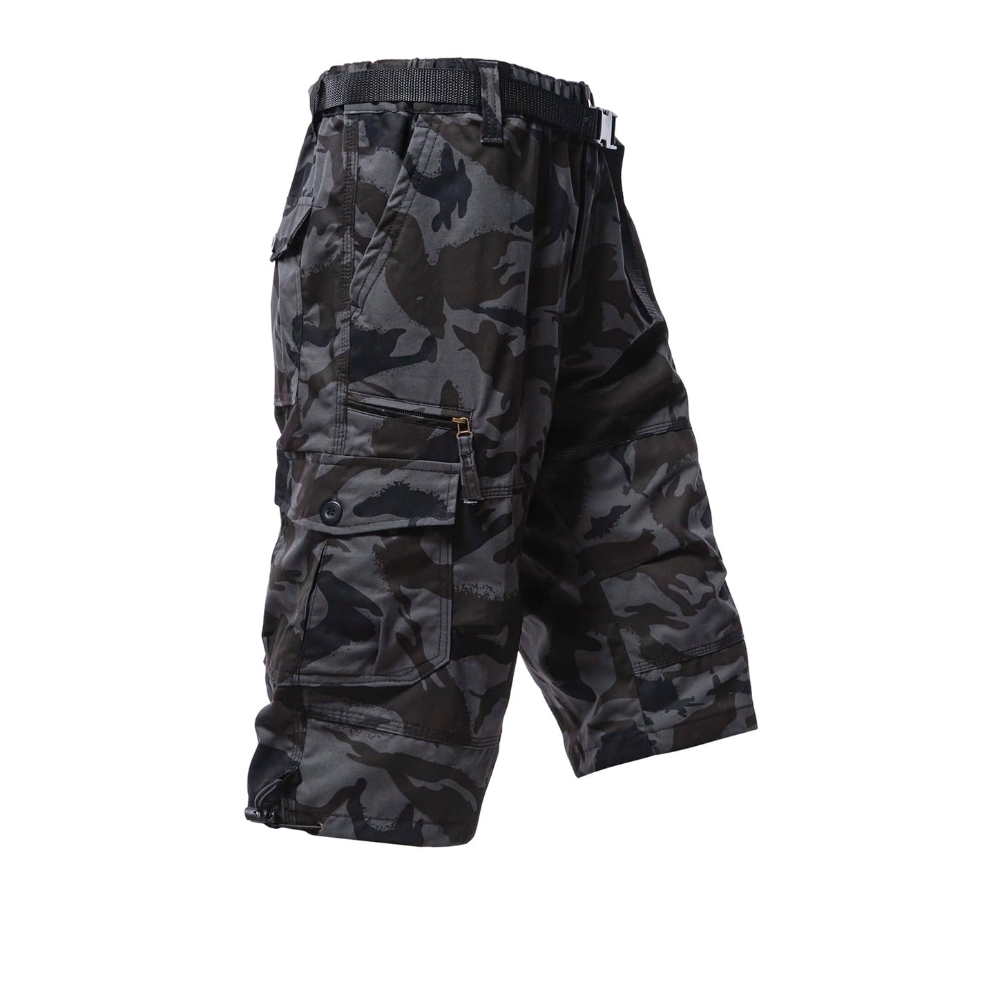 Mylldey Men's Cargo Shorts 3/4 Relaxed Fit Mens Running Shorts 7 Pockets Elastic Waist Cotton Hiking Shorts (Black Camo, L)