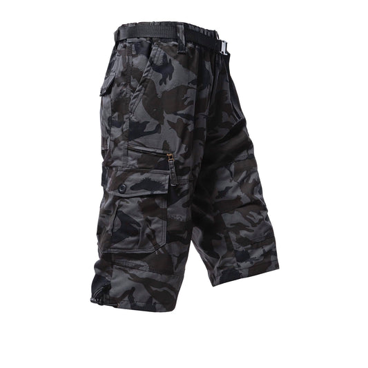 Mylldey Men's Cargo Shorts 3/4 Relaxed Fit Mens Running Shorts 7 Pockets Elastic Waist Cotton Hiking Shorts (Black Camo, L)