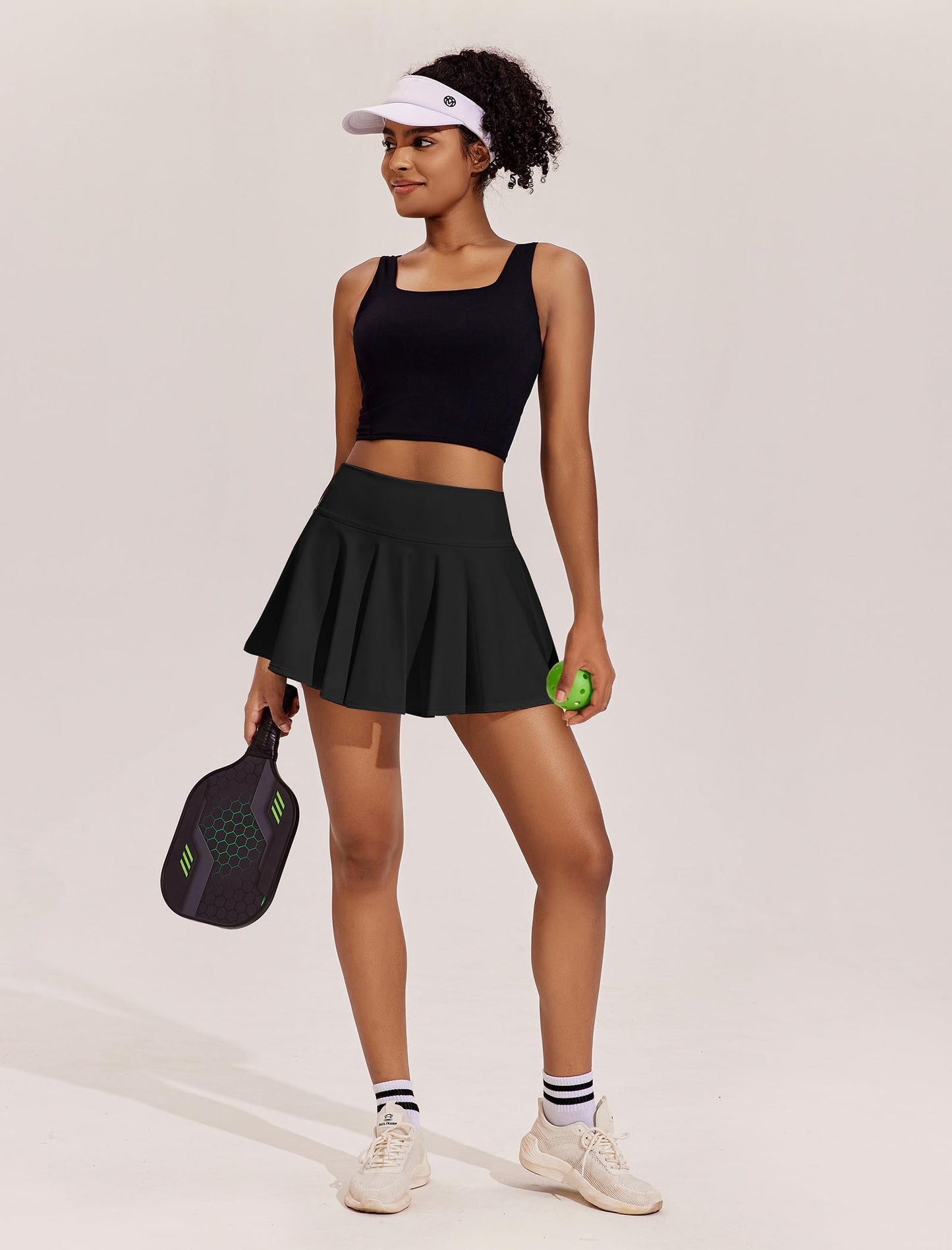 PINSPARK Mini Tennis Skirts for Women Pleated Golf Skorts Skirt with Shorts Lightweight Workout Skirt with Pockets Black L