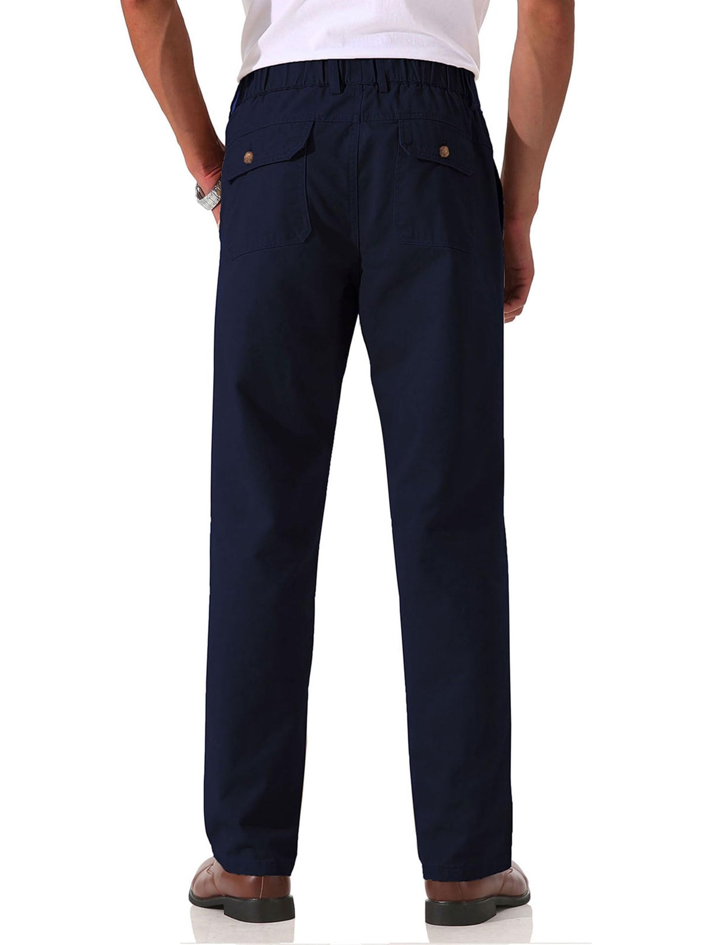 Soojun Men's Cotton Relaxed Fit Full Elastic Waist Twill Pants, Navy, 38W x 30L