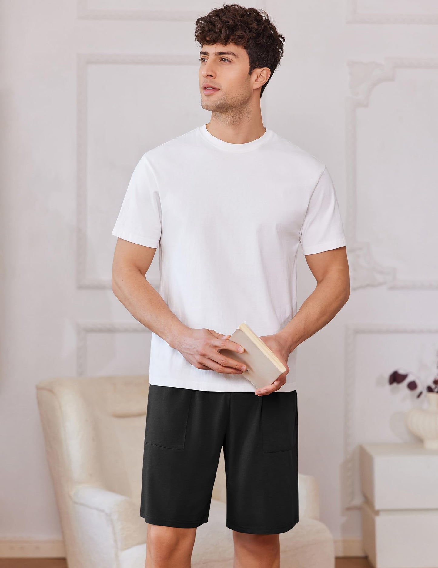 Ekouaer Men's Pajama Shorts Cotton Lounge Sleep Shorts Elastic Waist Sleepwear Pants with Pockets Black X-Large
