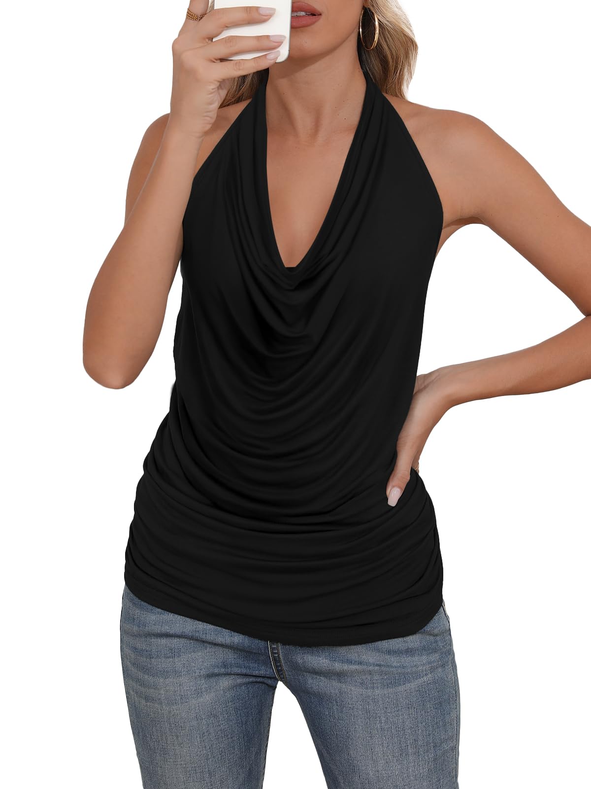 DB MOON Womens Halter Cowl Neck Tank Tops Summer Sexy Backless Cute Ruched Casual Shirts Black S