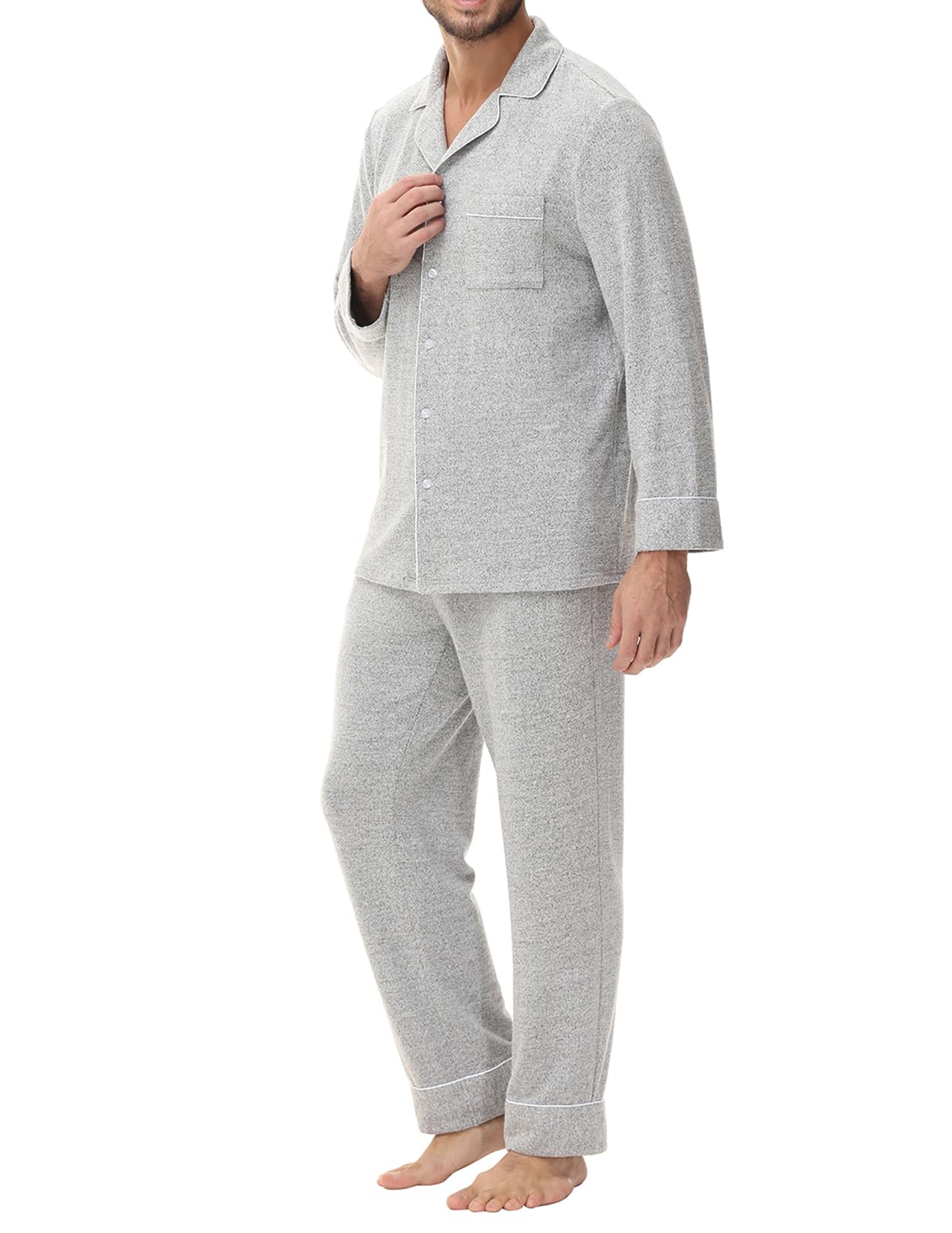 Veseacky Mens Pajamas Set Flannel Long Sleeve Soft Pajamas for Men Button Down Sleepwear Nightwear Pjs Lounge Sets with Pockets (Grey,XL)
