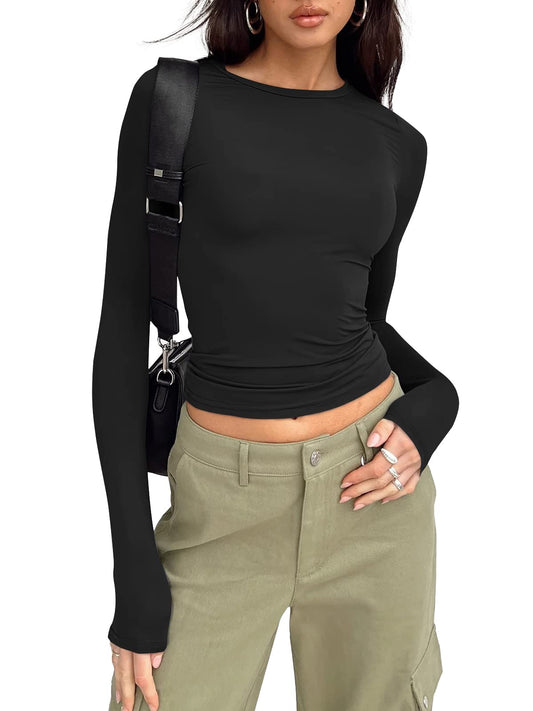 Trendy Queen Womens Long Sleeve Shirts Basic Tees Crop Tops Going Out Spring 2025 Workout Outfits Y2k Clothes Black XS