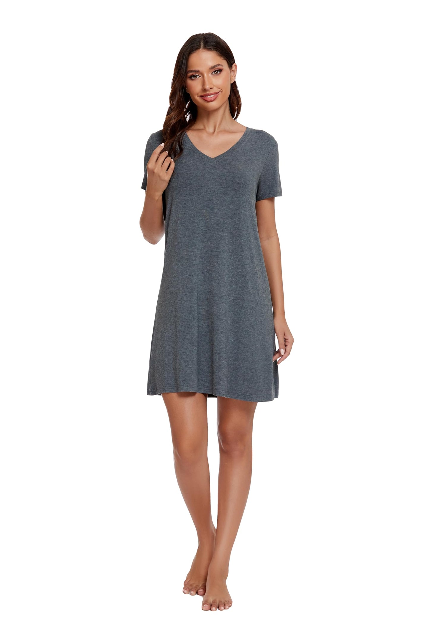 LUBOT Nightgowns for Women Bamboo Viscose Soft Cooling Breathable Short Sleeve V Neck Sleepshirts Sleepwear Nightshirt Dress Plus Size (Dark Gray,M)