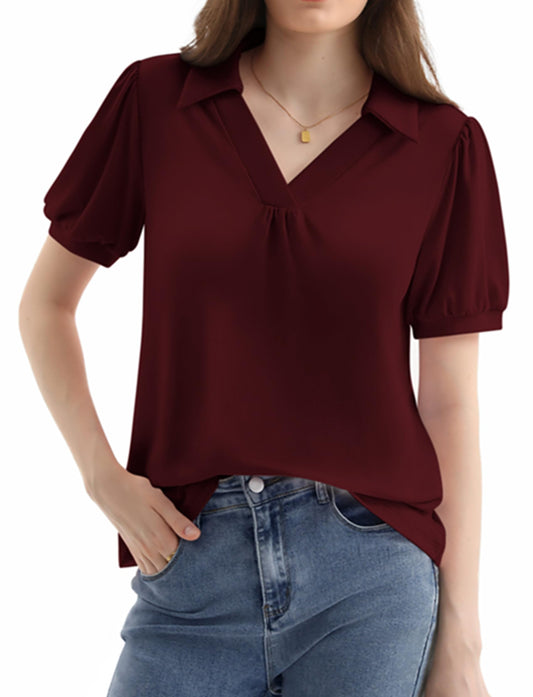 LA BAIESO Womens Puff Short Sleeve Polo Shirts V Neck Dressy Business Casual Summer Collared Tops Loose Tunic Cute Blouses