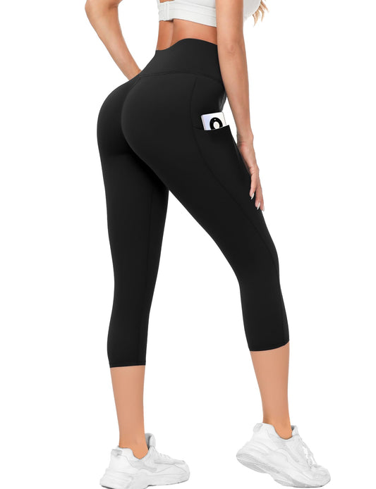 Buauty High Waisted Capri Leggings for Women with Pockets Yoga Pants Tummy Control Workout Gym Compression Non See Through Essential Stretch Spandex Athletic Leggings for Exercise Running Cycling
