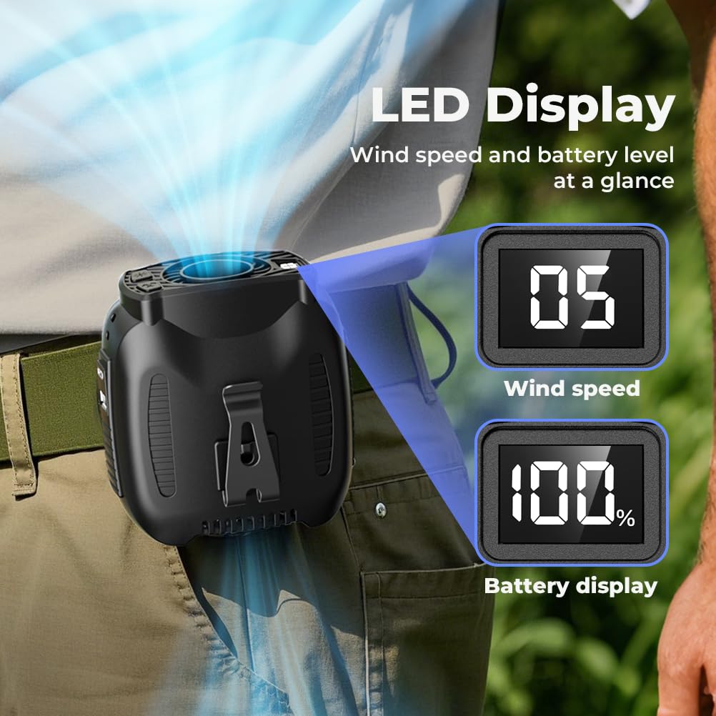 VOSFEEL 16000mAh Portable Waist Fan Rechargeable, 16000RPM 5-Speeds Strong Airflow, 48H Runtime with Flashlight, Personal Wearable Belt Fan for Camping, Outdoor, Jobsite, Black