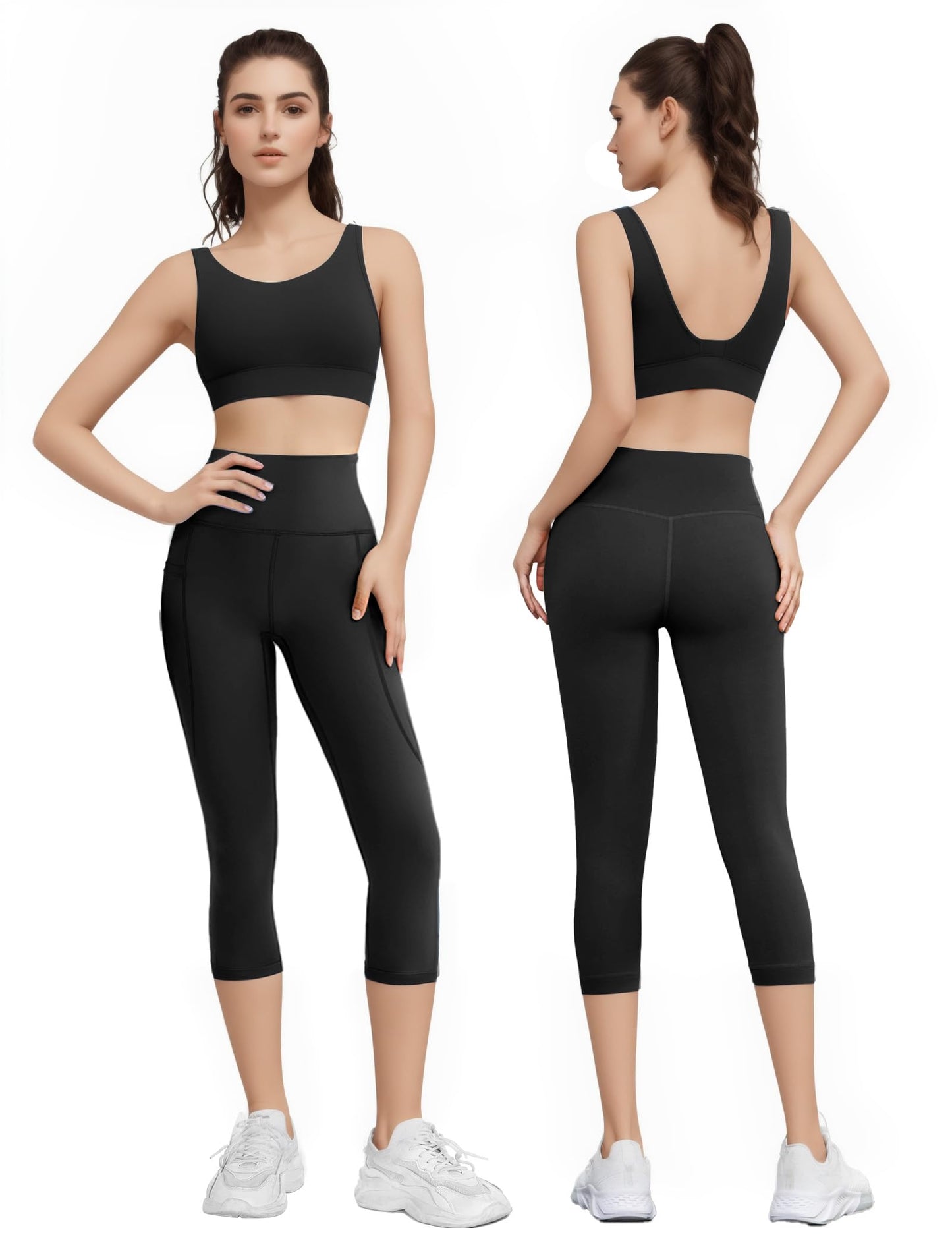 Buauty High Waisted Capri Leggings for Women with Pockets Yoga Pants Tummy Control Workout Gym Compression Non See Through Essential Stretch Spandex Athletic Leggings for Exercise Running Cycling