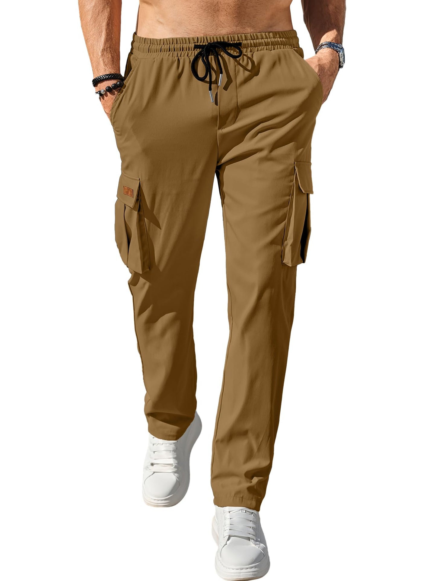 Comdecevis Men's Casual Cargo Pants Workout Joggers Stretch Sweatpants Hiking Drawstring Tactical Pants with Multi Pockets Brown