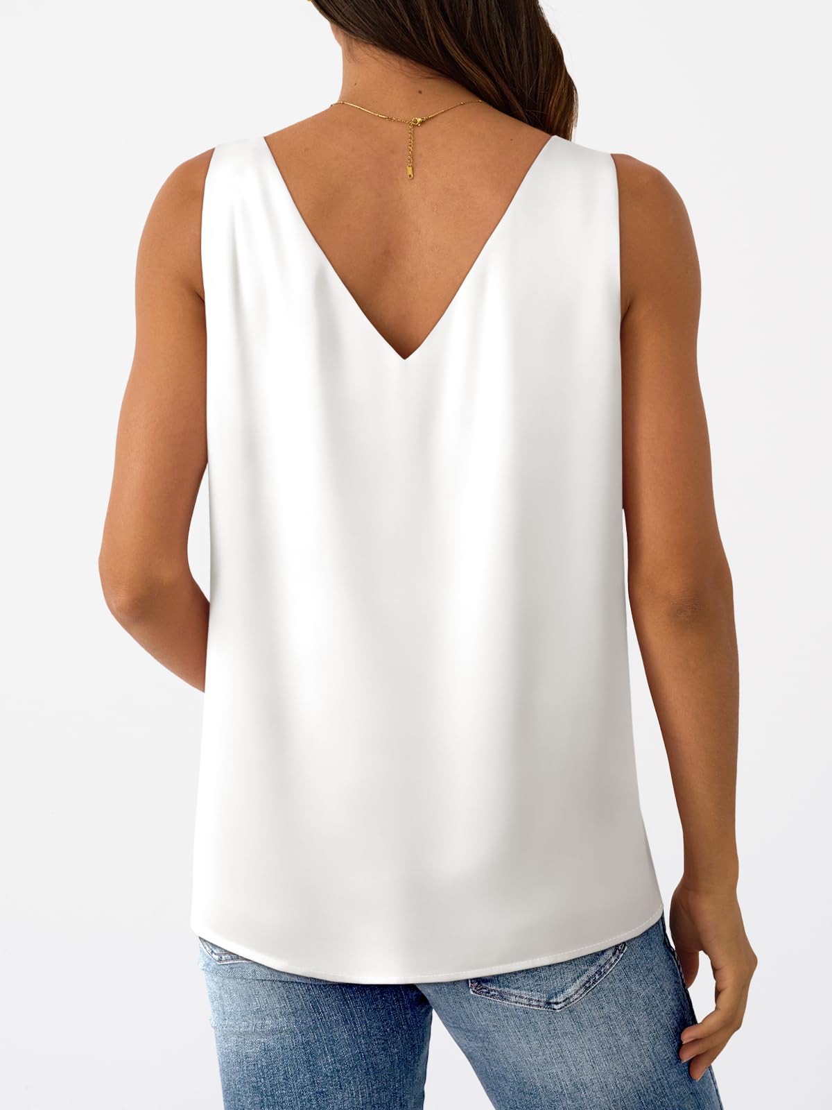 LILLUSORY Women Silk Satin Tank Top V Neck Summer Blouse Sleeveless Shirt Business Casual Dressy Outfit Vacation Clothes White M