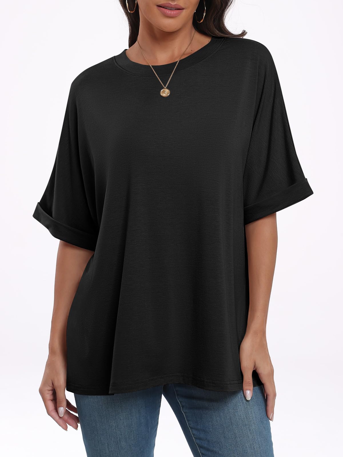 ANRABESS Womens Tops Oversized T Shirts Short Sleeve Crewneck Summer Casual Loose Basic Tee Shirt 2025 Trendy Fashion Clothes Black XX-Large