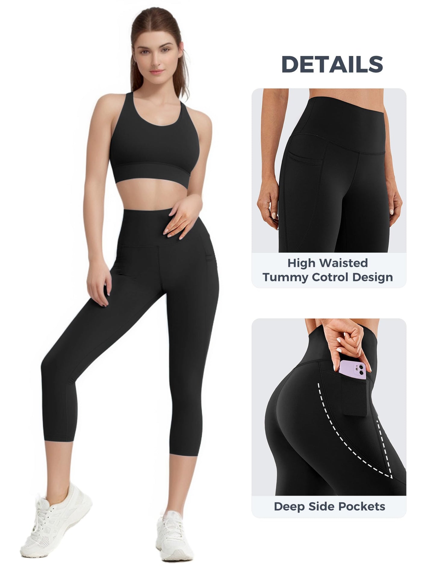 Buauty High Waisted Capri Leggings for Women with Pockets Yoga Pants Tummy Control Workout Gym Compression Non See Through Essential Stretch Spandex Athletic Leggings for Exercise Running Cycling