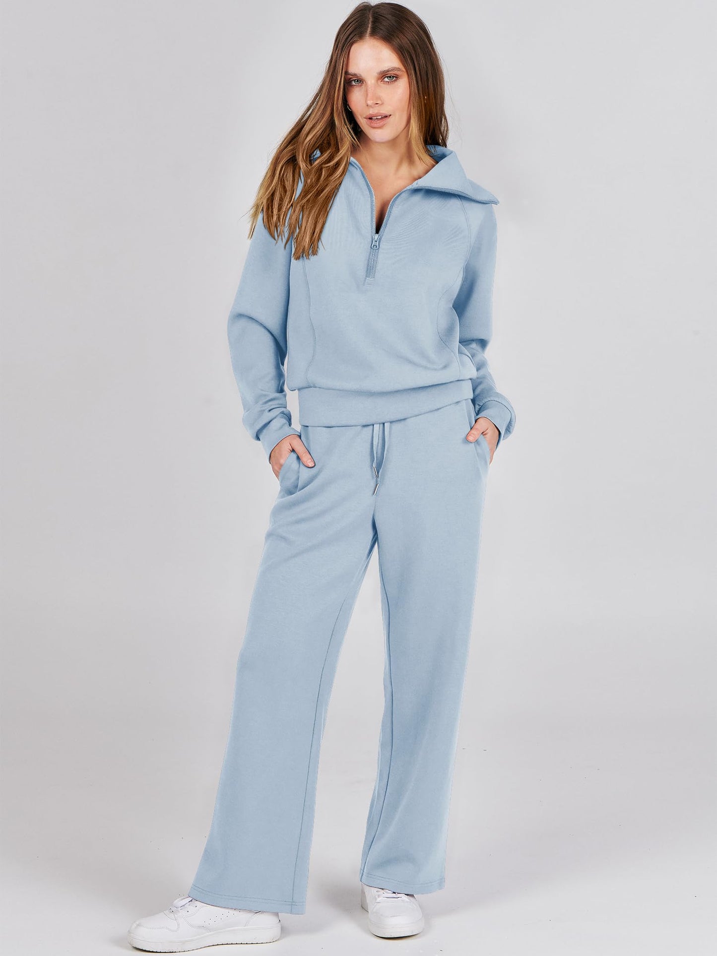 ANRABESS Women 2 Piece Outfits Sweatsuit Oversized Sweatshirt Sweatpants Tracksuit Sweat Lounge Matching Set 2024 Fall Trendy Sky Blue X-Large