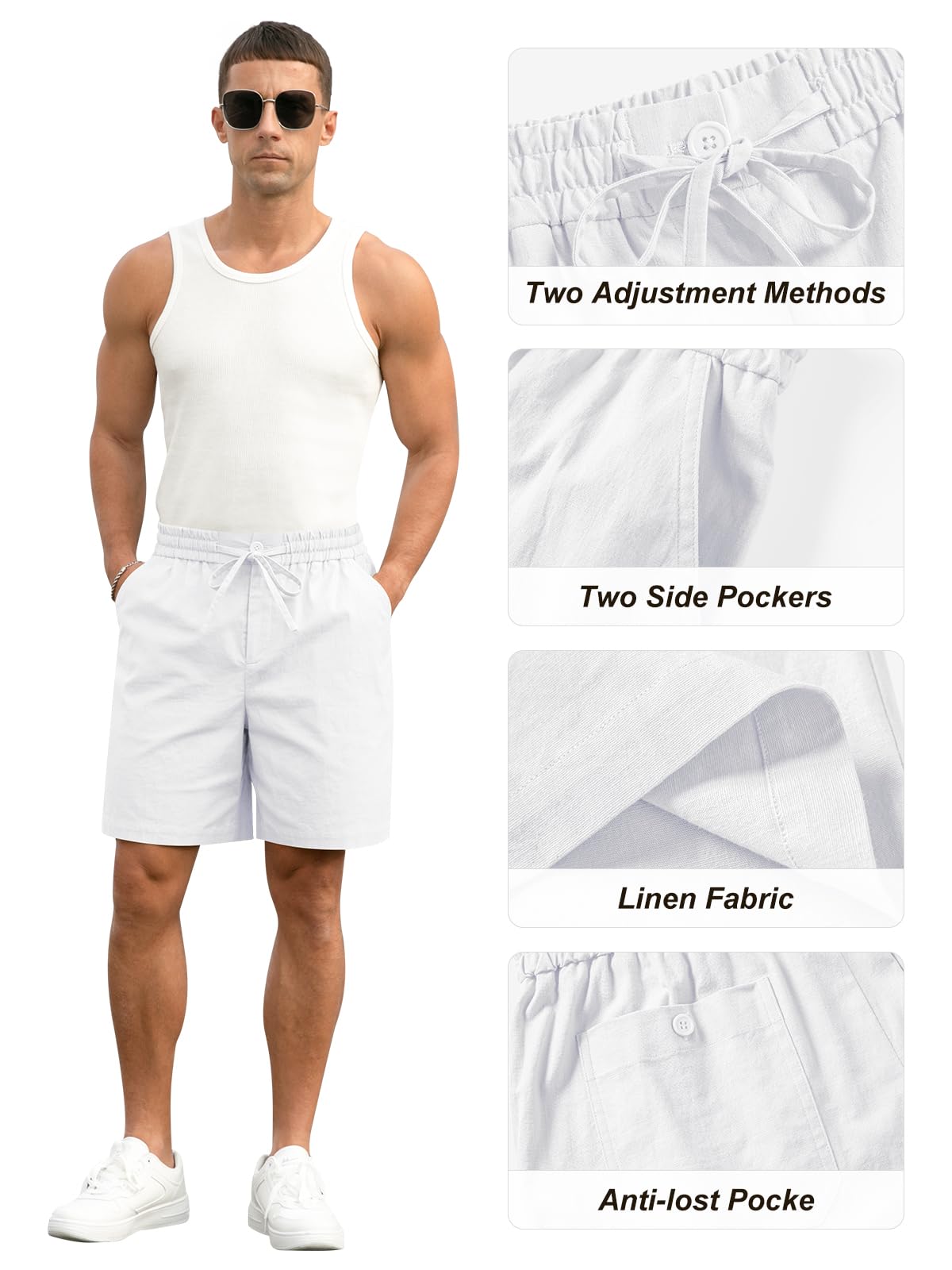 RQP Mens Linen Shorts Casual Drawstring 7inch Inseam Flat Front Shorts Stretch Shorts,White