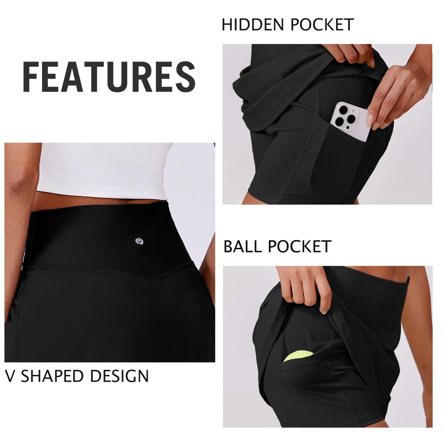 PINSPARK Tennis Skirts for Women V-Waisted Athletic Skort Quick Dry Golf Skirts with 2 Pockets Shorts, Black Small