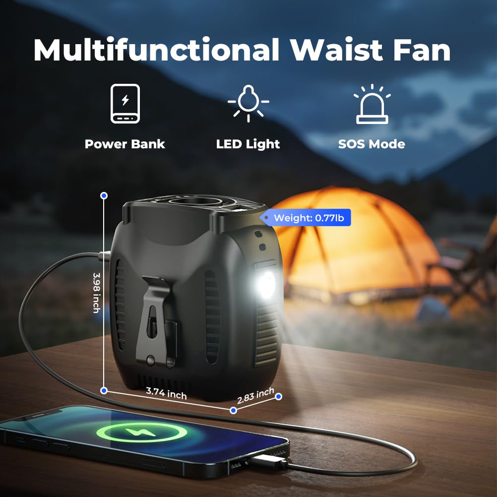 VOSFEEL 16000mAh Portable Waist Fan Rechargeable, 16000RPM 5-Speeds Strong Airflow, 48H Runtime with Flashlight, Personal Wearable Belt Fan for Camping, Outdoor, Jobsite, Black