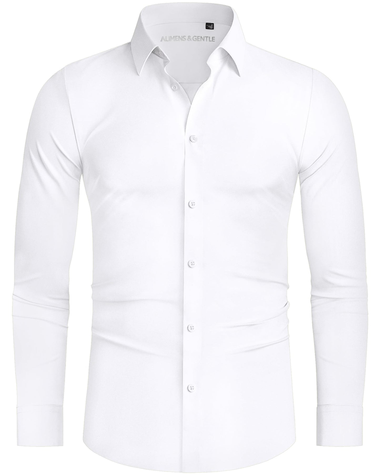 Alimens & Gentle Stretch Mens Dress Shirts Slim Fit Long Sleeve Casual Skinny Muscle Fit Wrinkle Free Button Down Shirt White