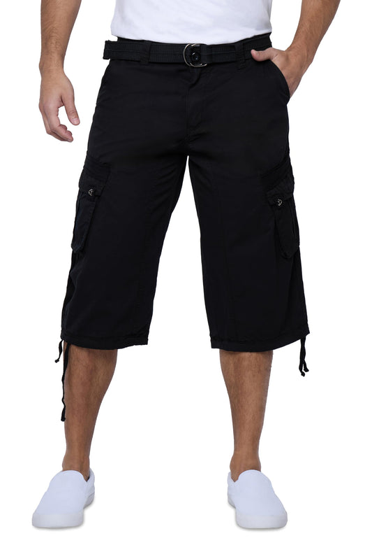 X RAY Men's Belted Long Cargo Shorts for Men, Below Knee Length Mens Cargo Shorts, 3/4 Pants (Big and Tall Shorts for Men) Black 38