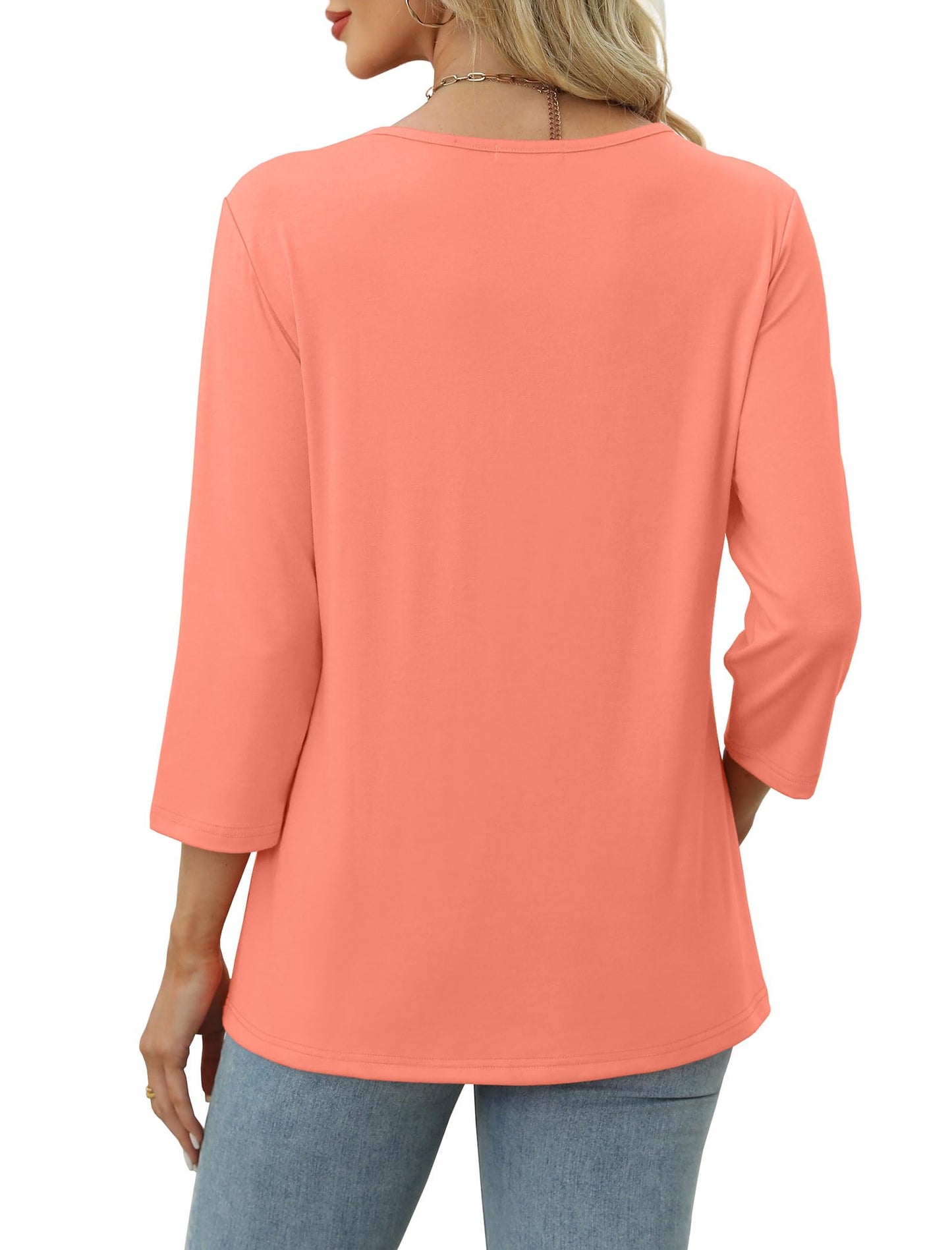 SAMPEEL 3/4 Sleeve Spring Tops for Women V Neck Button Down Blouses Buiness Dressy Casual Shirts Summer Clothes 2025 XL Coral