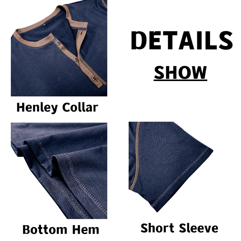 Men's Casual Henley Shirts Classic Button Cotton Short Sleeve T-Shirt Summer Basic Solid Lightweight Tees Tops Navy