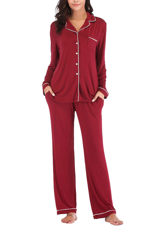 Women's Pajamas Set Long Sleeve Sleepwear Soft PJS Red S