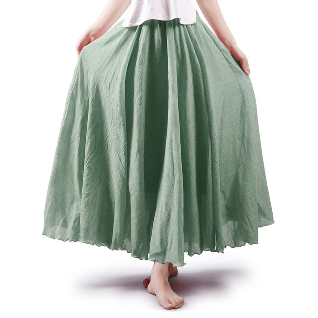 ASHER FASHION Women's Bohemian Style Elastic Waist Band Cotton Linen Long Maxi Skirt Dress (95CM, Light Green)