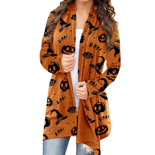 BOUTIKOME Women's Halloween Cat Pumpkin Cardigan Long Sleeve Open Front Knit Outwear Coat Plus Size Knitting Sweater Top(Orange, M)