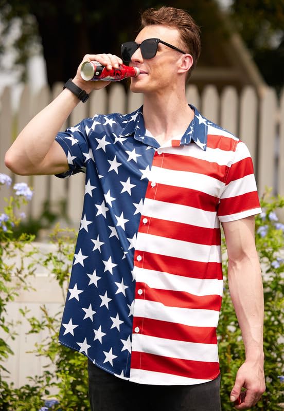 Arvilhill Men's American Flag Button Shirt Casual US Flag Button Down Shirt Fourth of July Traveling Button T-Shirt L