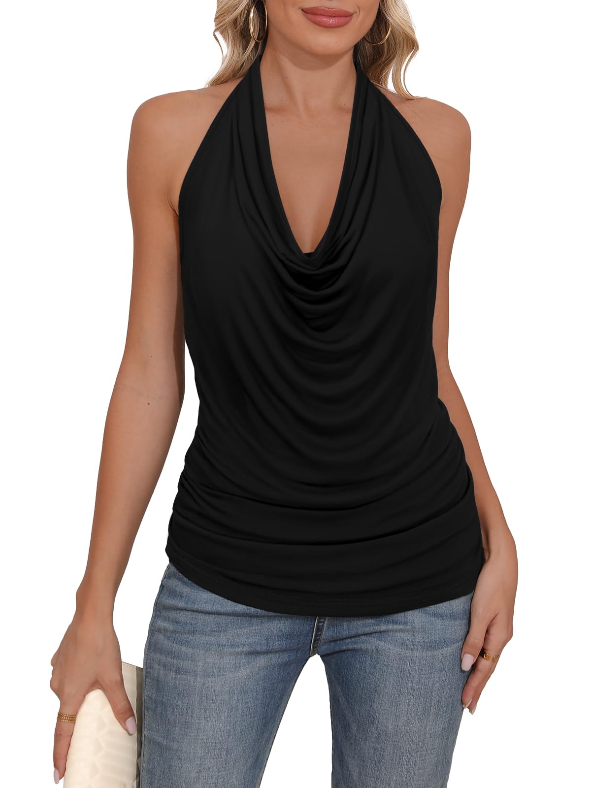 DB MOON Womens Halter Cowl Neck Tank Tops Summer Sexy Backless Cute Ruched Casual Shirts Black S