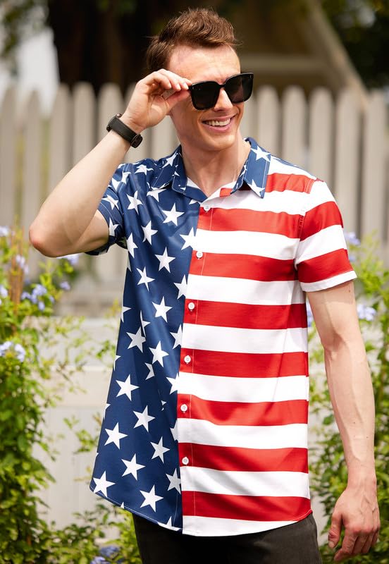 Arvilhill Men's American Flag Button Shirt Casual US Flag Button Down Shirt Fourth of July Traveling Button T-Shirt L