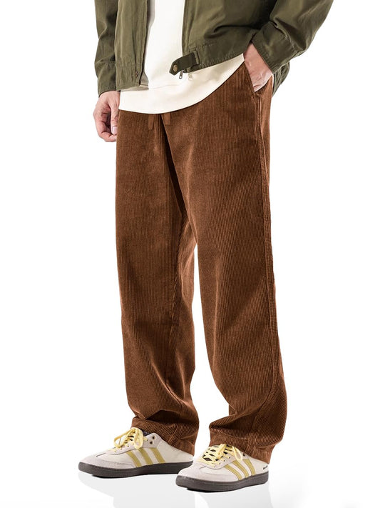 PLEPAN Men Loose Elastic Waist Corduroy Pants Casual Drawstring Outdoor Stretch Wide Leg Streetwear Sweatpant L Brown