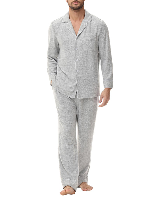 Veseacky Mens Pajamas Set Flannel Long Sleeve Soft Pajamas for Men Button Down Sleepwear Nightwear Pjs Lounge Sets with Pockets (Grey,XL)