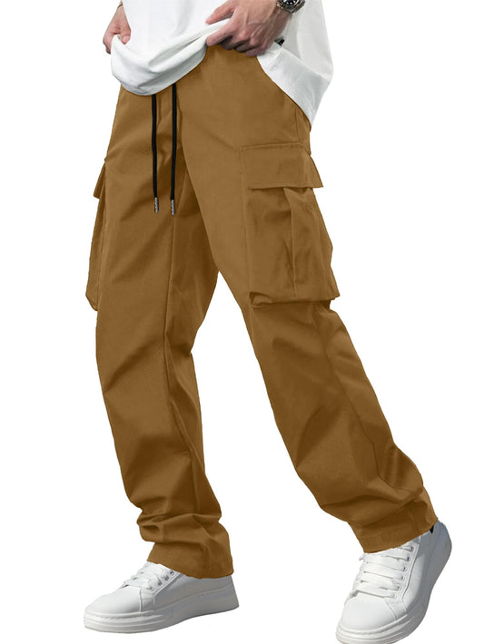 Comdecevis Men's Casual Cargo Pants Workout Joggers Stretch Sweatpants Hiking Drawstring Tactical Pants with Multi Pockets Brown