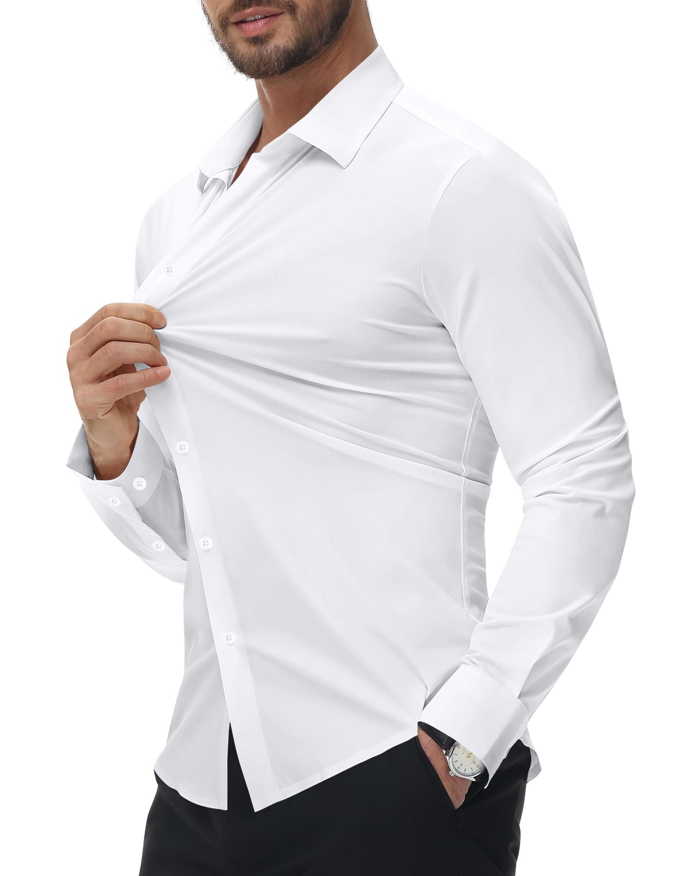 Alimens & Gentle Stretch Mens Dress Shirts Slim Fit Long Sleeve Casual Skinny Muscle Fit Wrinkle Free Button Down Shirt White
