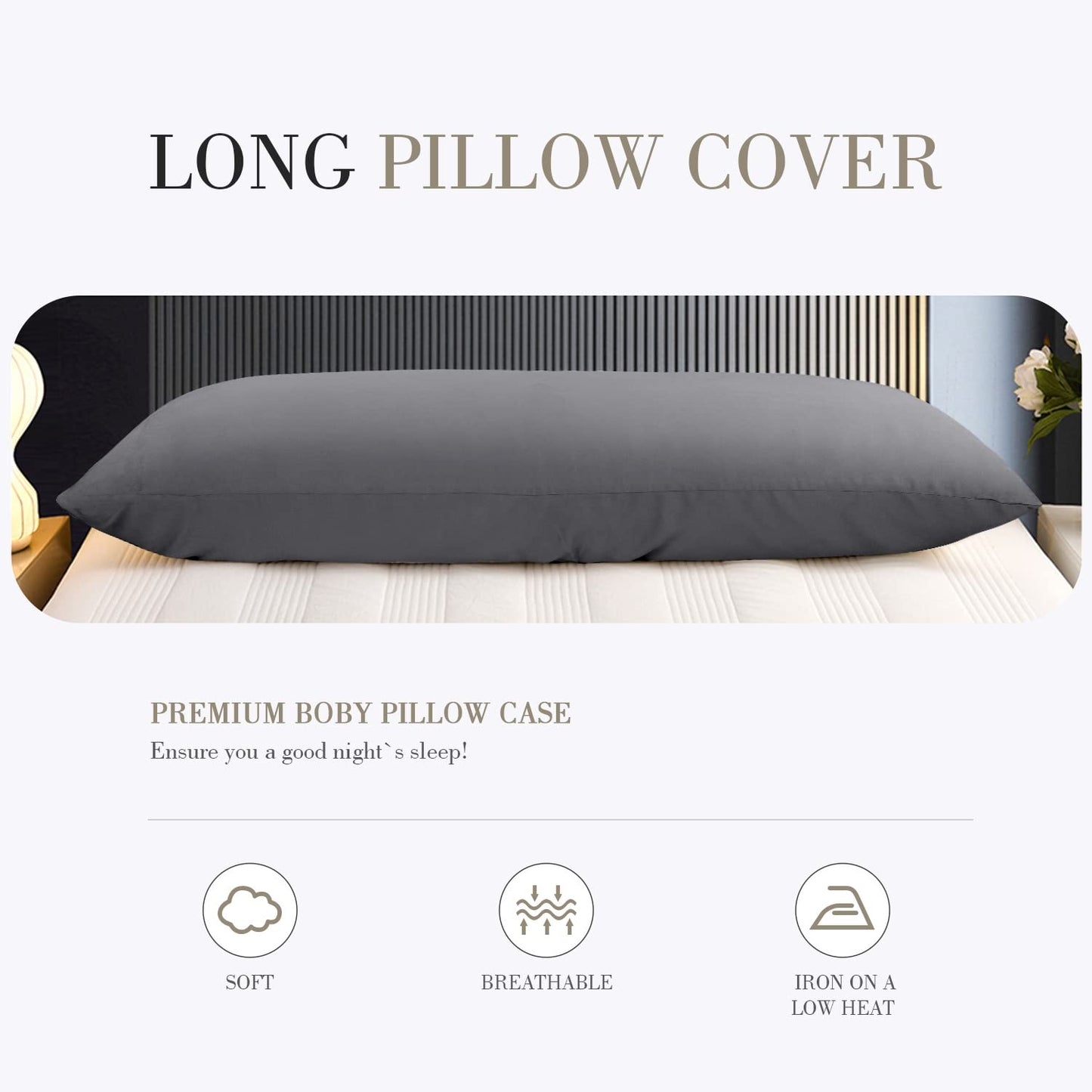 WishSmile Body Cooling Pillowcase Long Pillow Case Breathable Cool Silky Soft Rayon Derived from Bamboo Fabric,Hair and Skin Friendly,Dark Grey,1 Pack,20x54IN